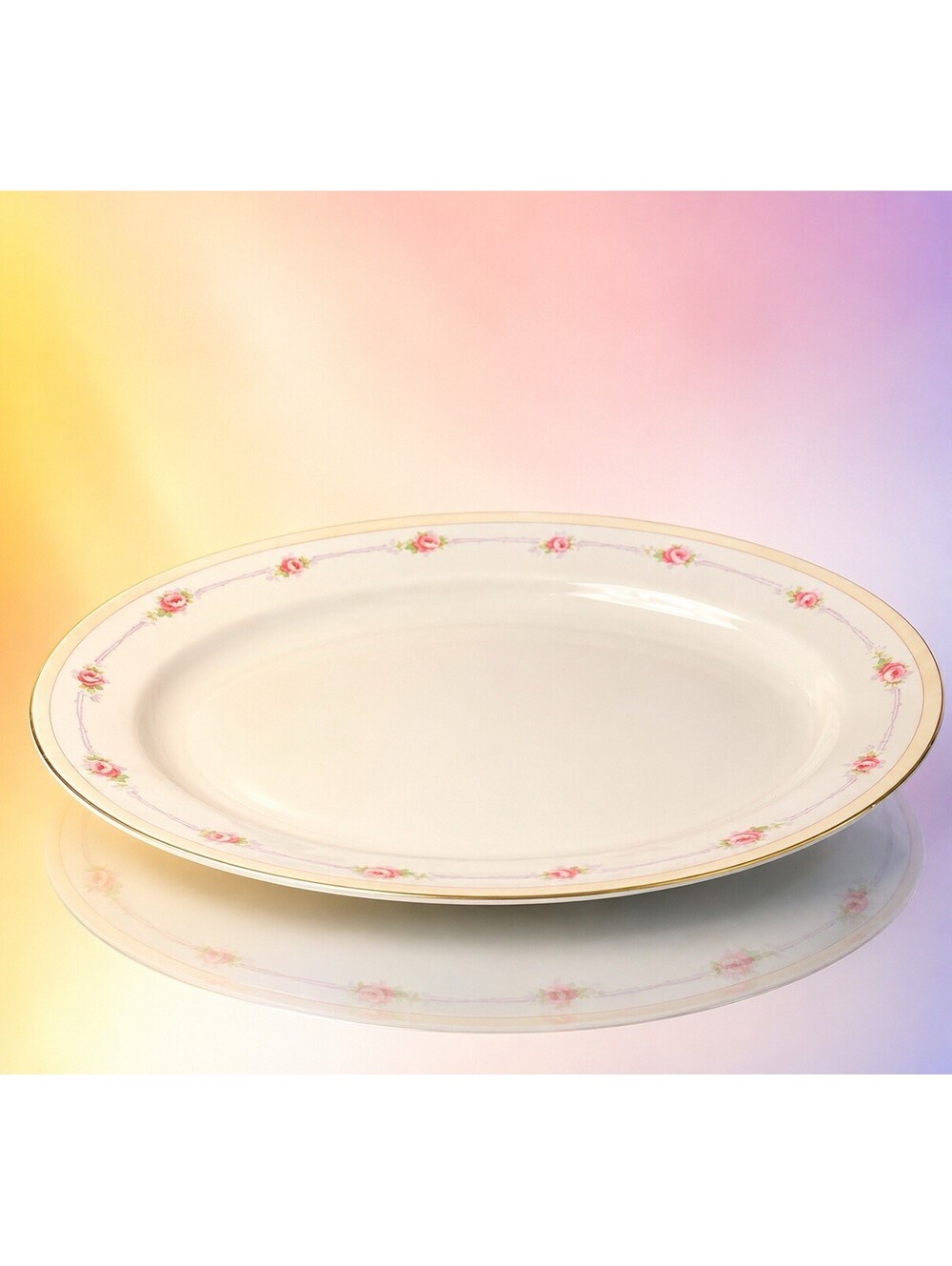 Noritake 1910s Mystery 84 Lorraine Pink Rose Oval Serving Platter, 14x10”